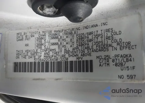 2004 Toyota Sienna Xle Limited из США, поврежденный, VIN 5TDBA22C64S013220